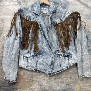 Vintage 80s Acid Wash Denim Fringe Jacket Western Boho Cropped Small